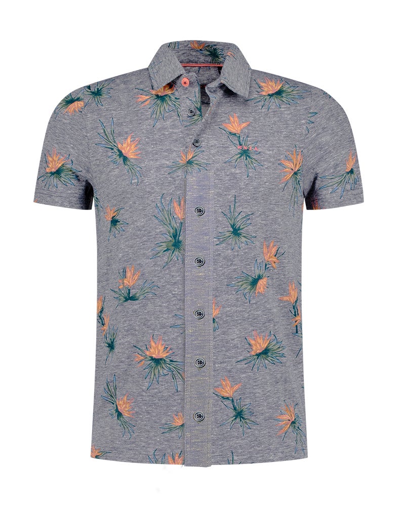 Gray short-sleeve shirt with pink floral print Gray short-sleeve shirt with pink floral print