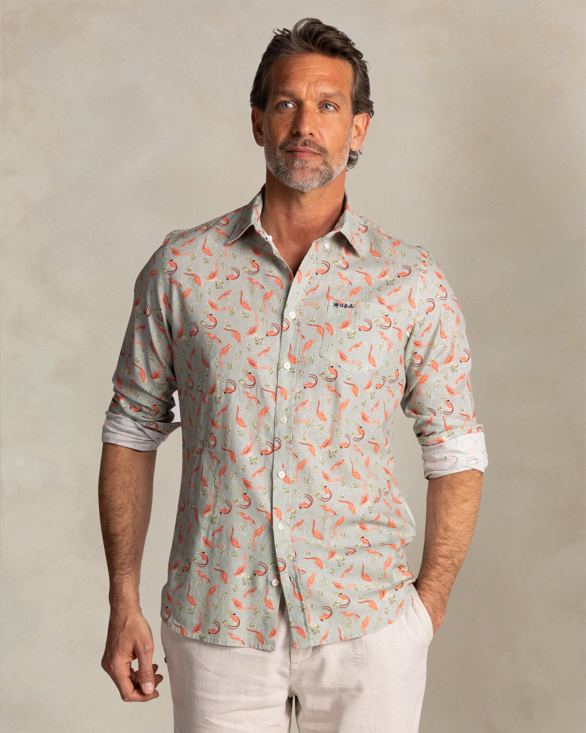 Taupe shirt with orange graphic print Taupe shirt with orange graphic print