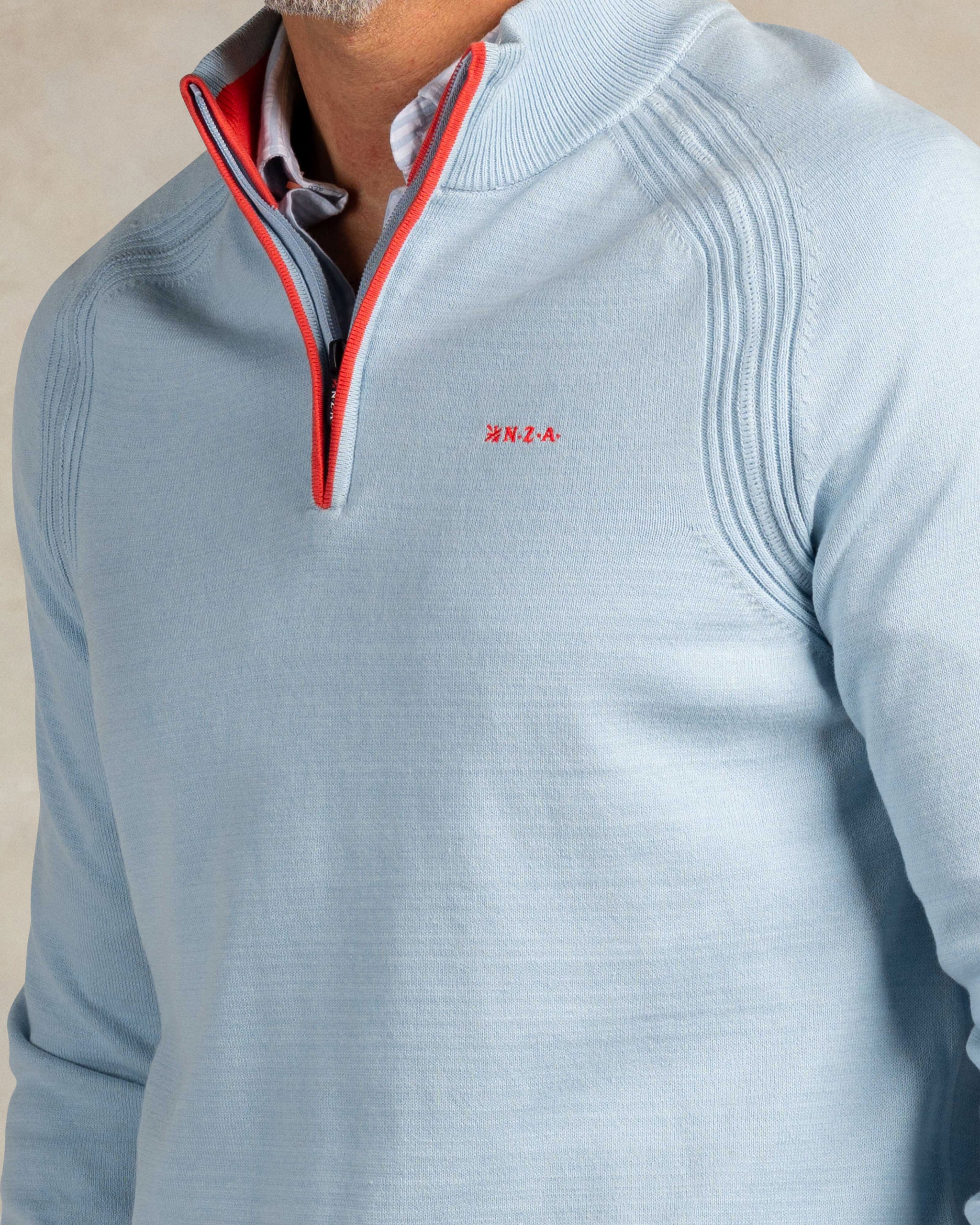 Blauwe katoenen quarter zip trui Blauwe katoenen quarter zip trui