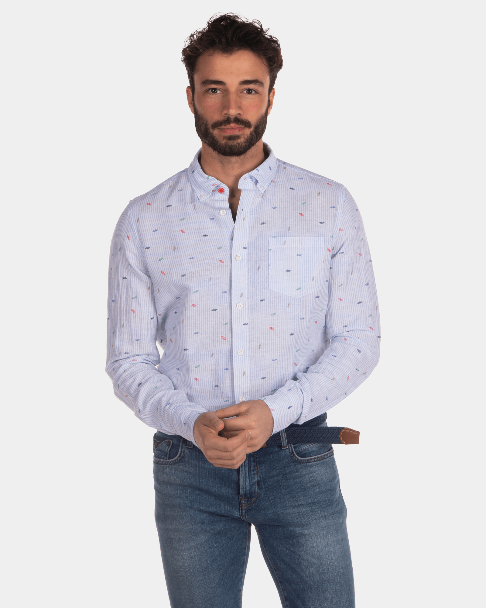 Linen shirt with light blue print - Light Blue Linen shirt with light blue print - Light Blue