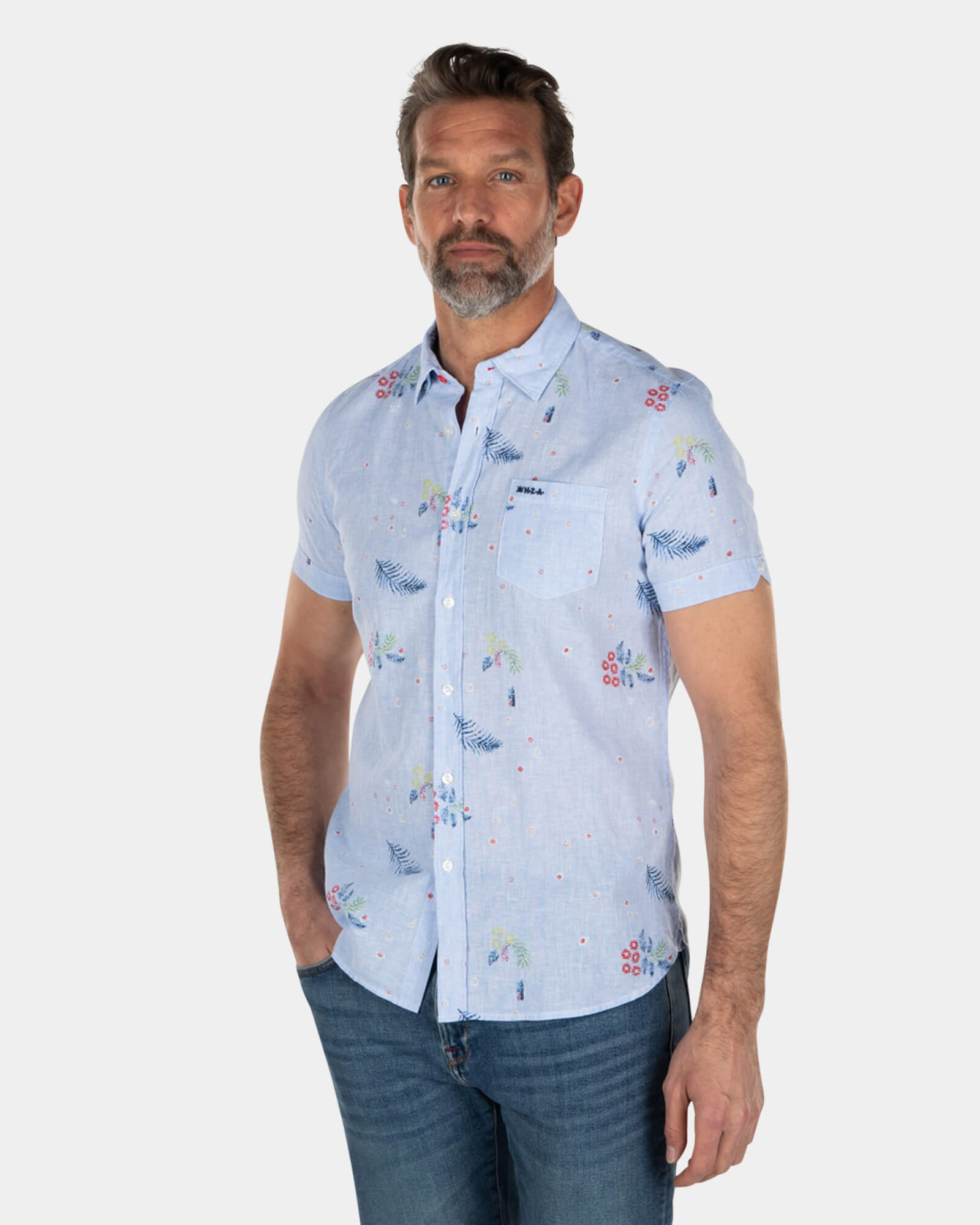 Lichtblauw overhemd met bladerprint en korte mouw - Light Blue Lichtblauw overhemd met bladerprint en korte mouw - Light Blue