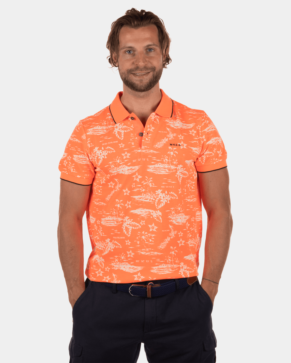 Loch Maree floral print polo shirt Apricot Neon Orange NZA New