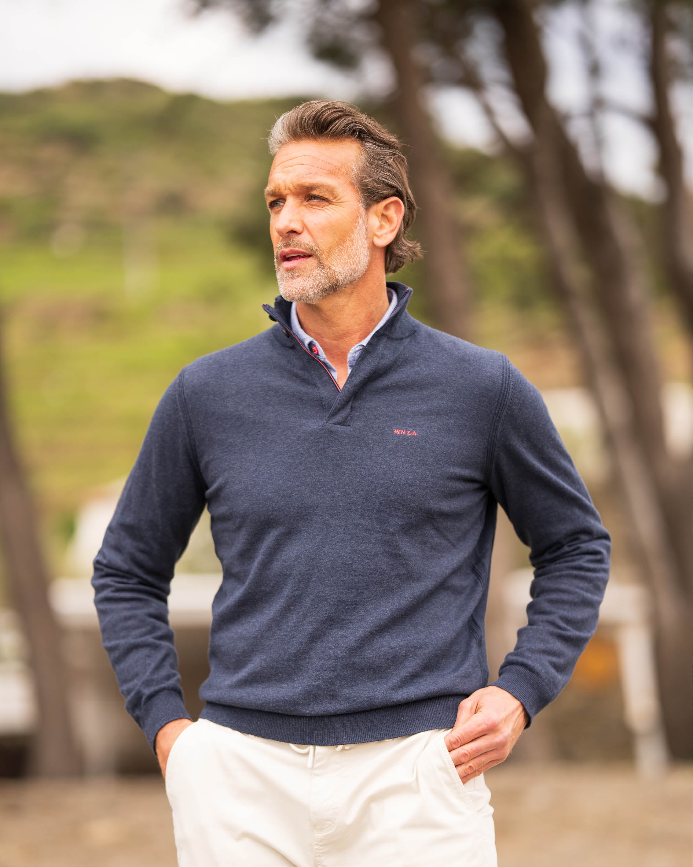 Blue cotton quarter zip pullover | NZA New Zealand Auckland