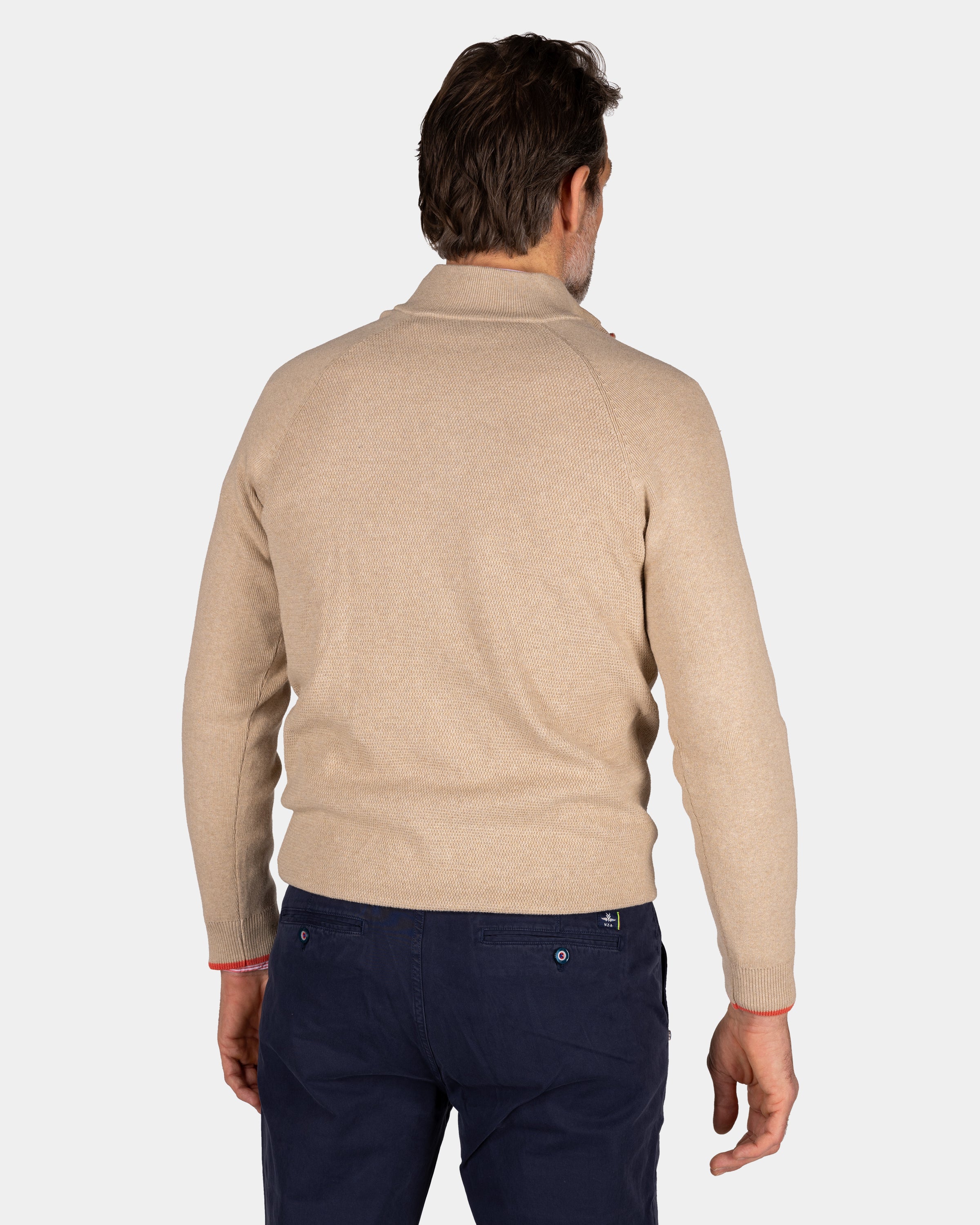 Solid beige cotton pullover with half zip | NZA New Zealand