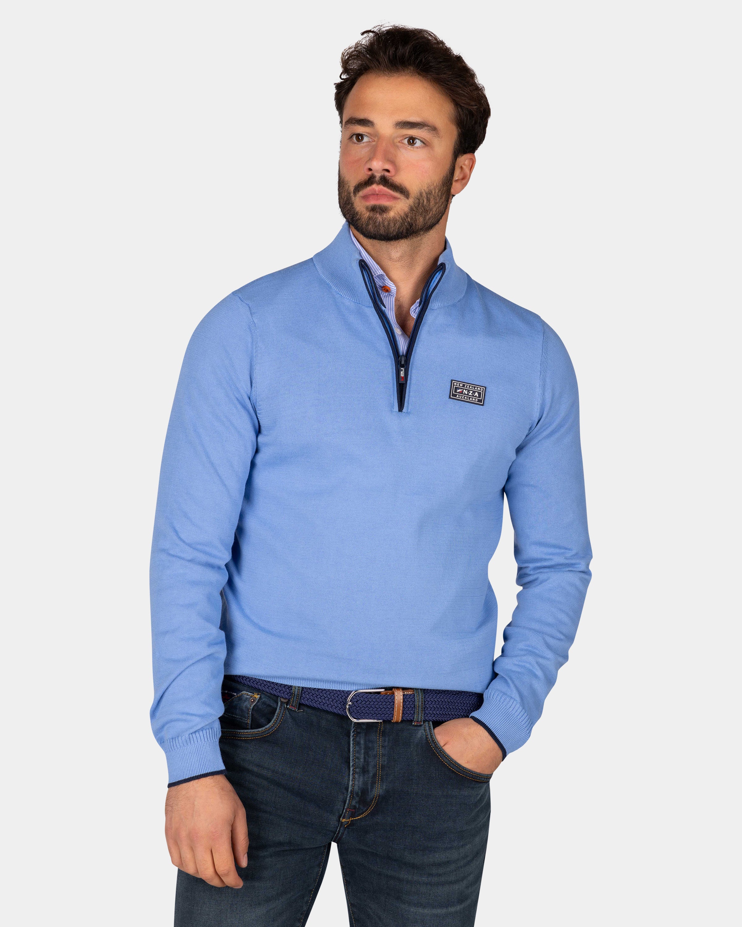 Feinstrick blauer Pullover mit halbem Reißverschluss - Frozen Blue