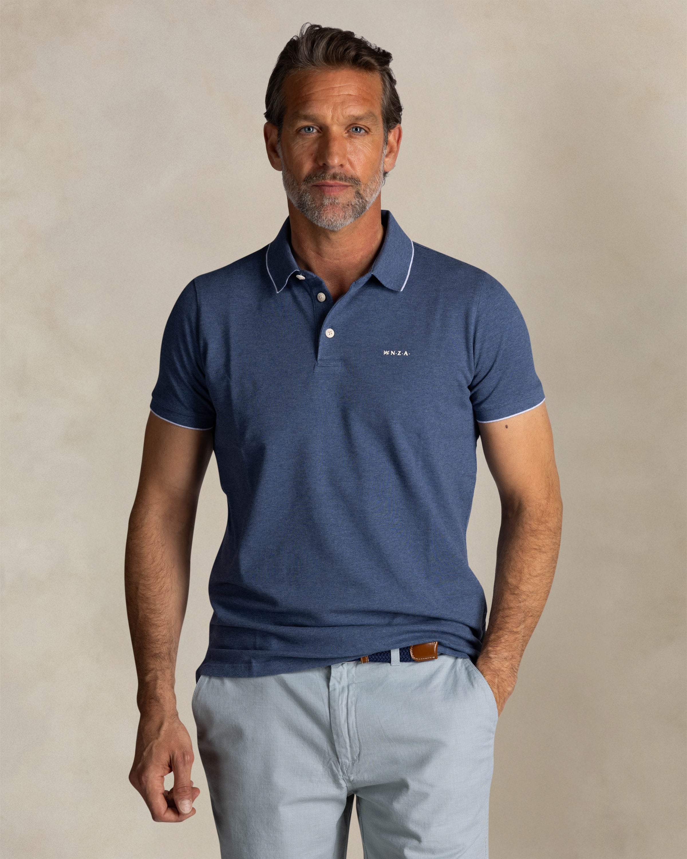 Blue cotton stretch polo with accent colour | NZA New Zealand Auckland