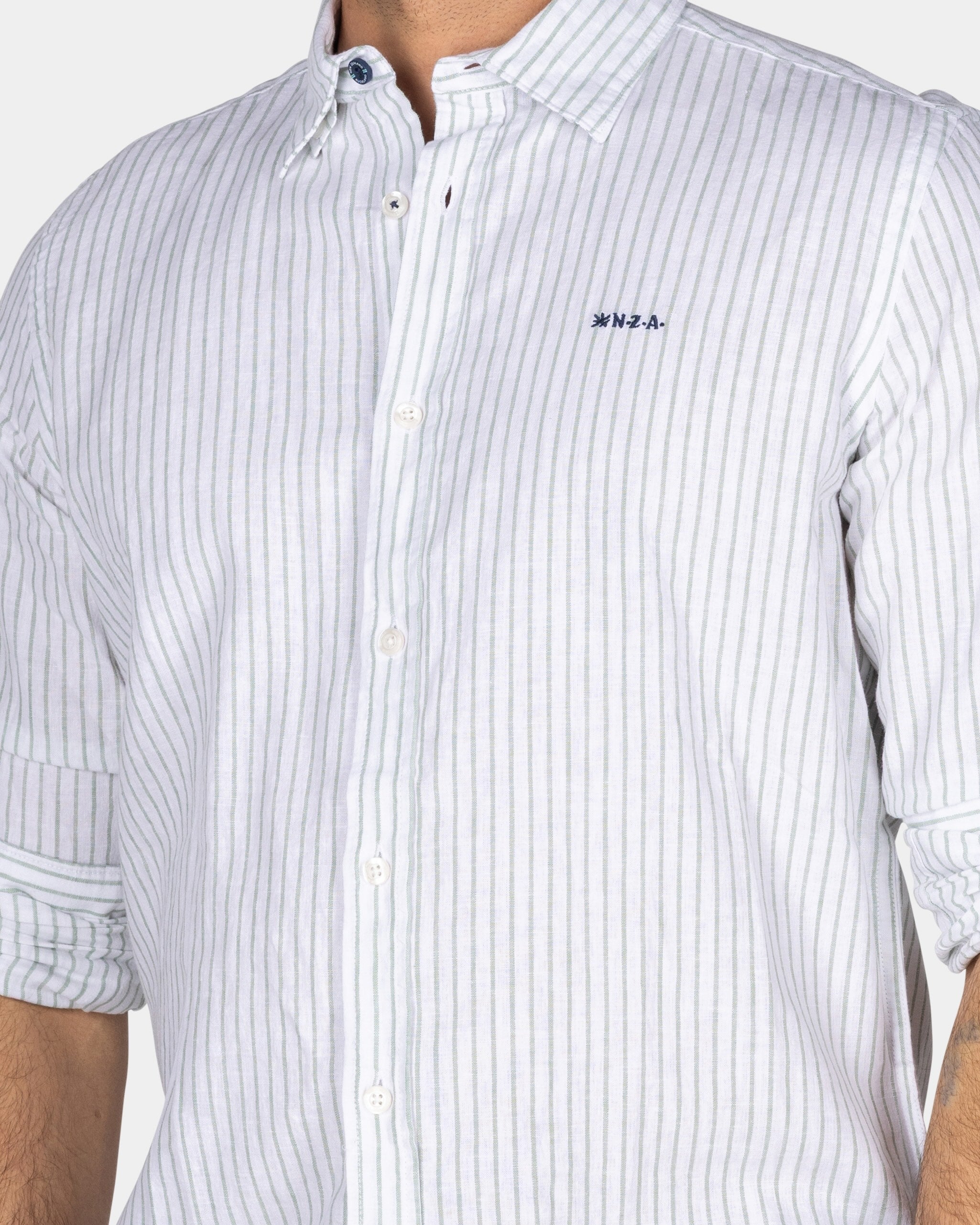 White Linen Shirt with Light Green Stripe | NZA New Zealand Auckland