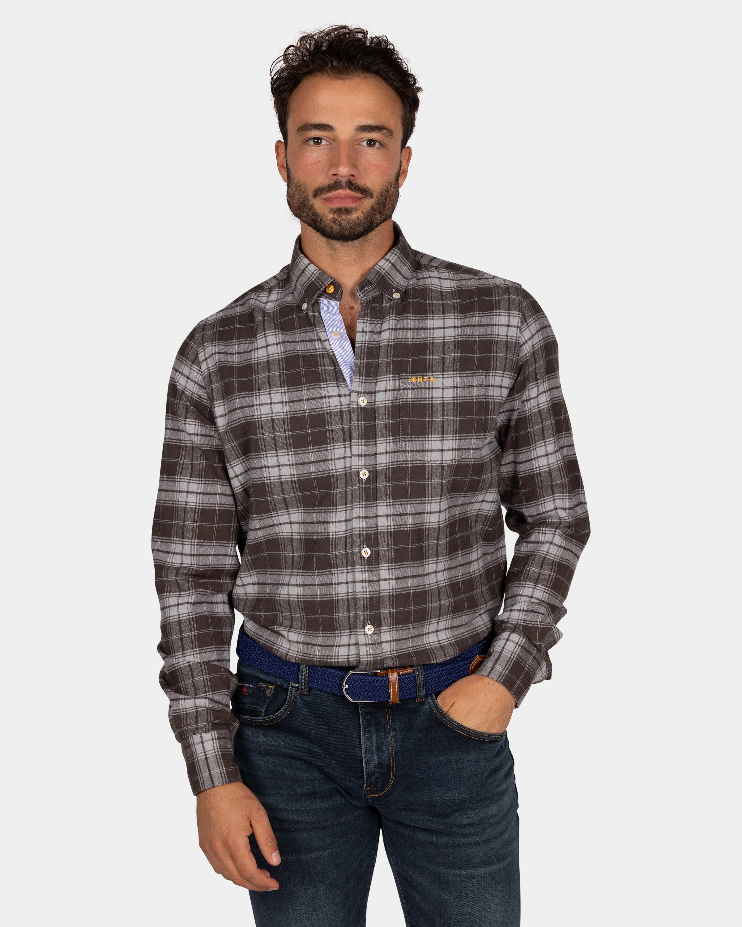 Flannel checkered shirt dark brown with Grey - Dark Mocca