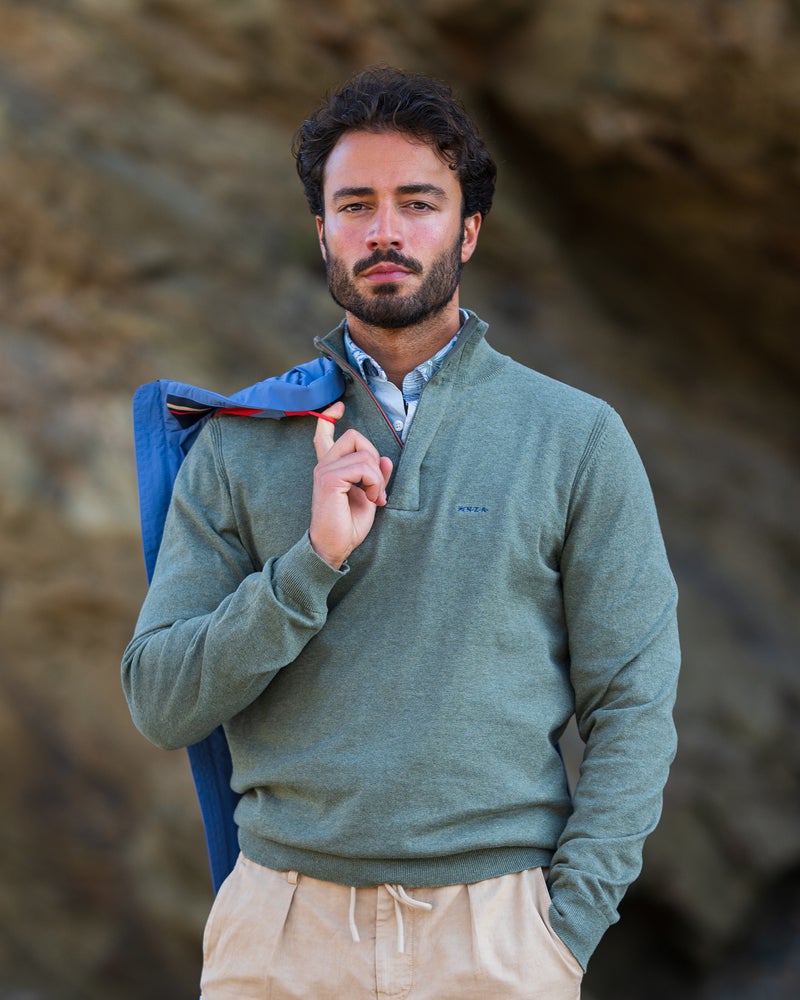 Green cotton quarter zip pullover | NZA New Zealand Auckland