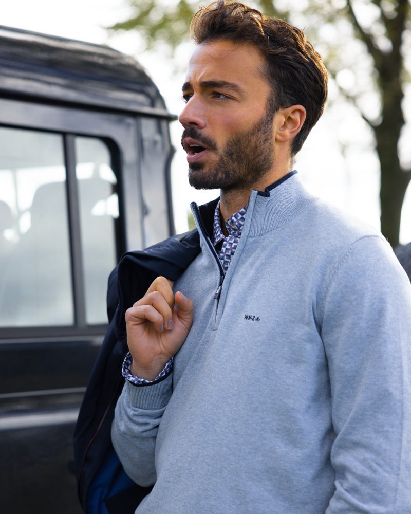 【中古】BATONER UA別注 HALF ZIP KNIT BLUE バトナー BATONER ハイツイスト カード ウール ラグラン ハーフジップ