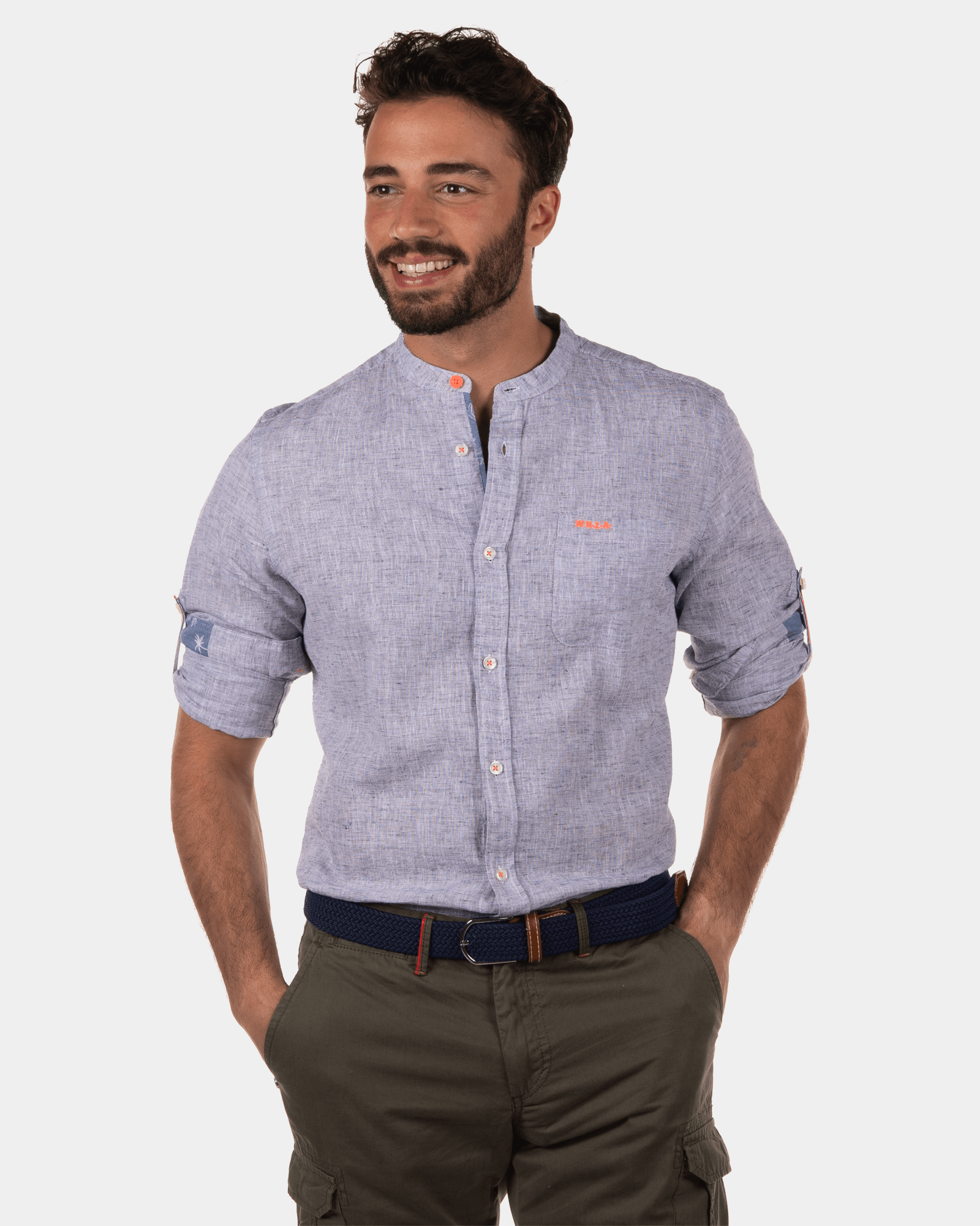 COOFANDY Linnen overhemd heren opstaande kraag shirts zomer korte mouw herenhemd slim fit vrijetijdshemd heren kort overhemd zonder kraag mandarijn kraag lichtblauw L, lichtblauw, L