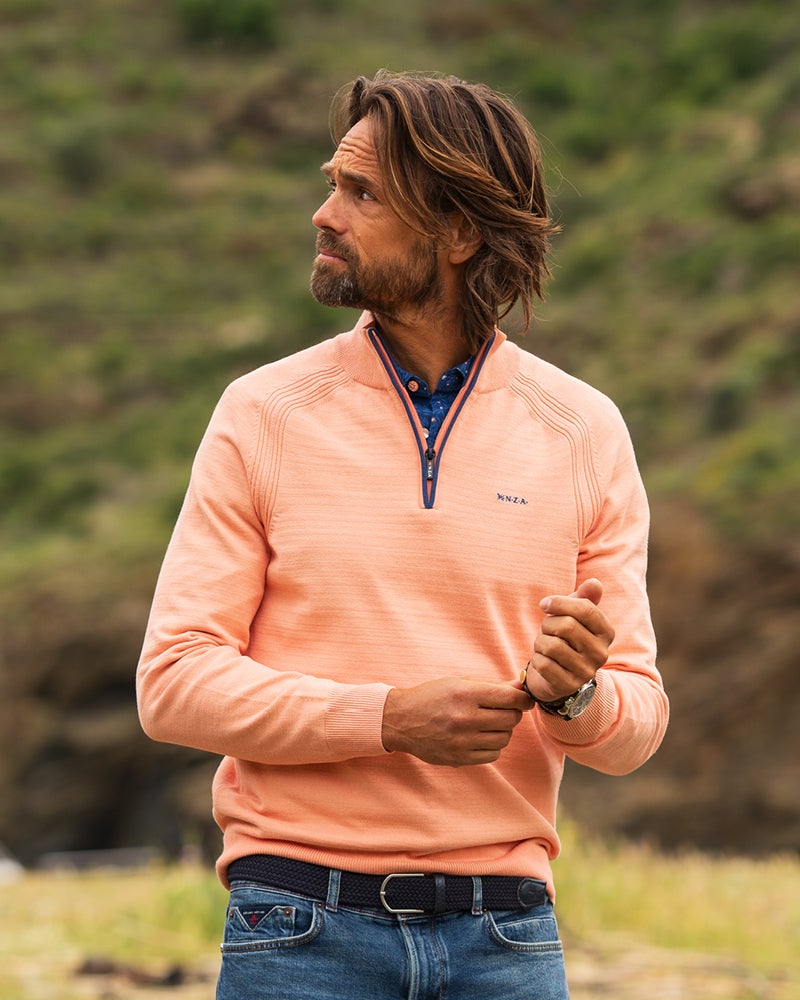 Coral orange cotton quarter zip pullover | NZA New Zealand Auckland