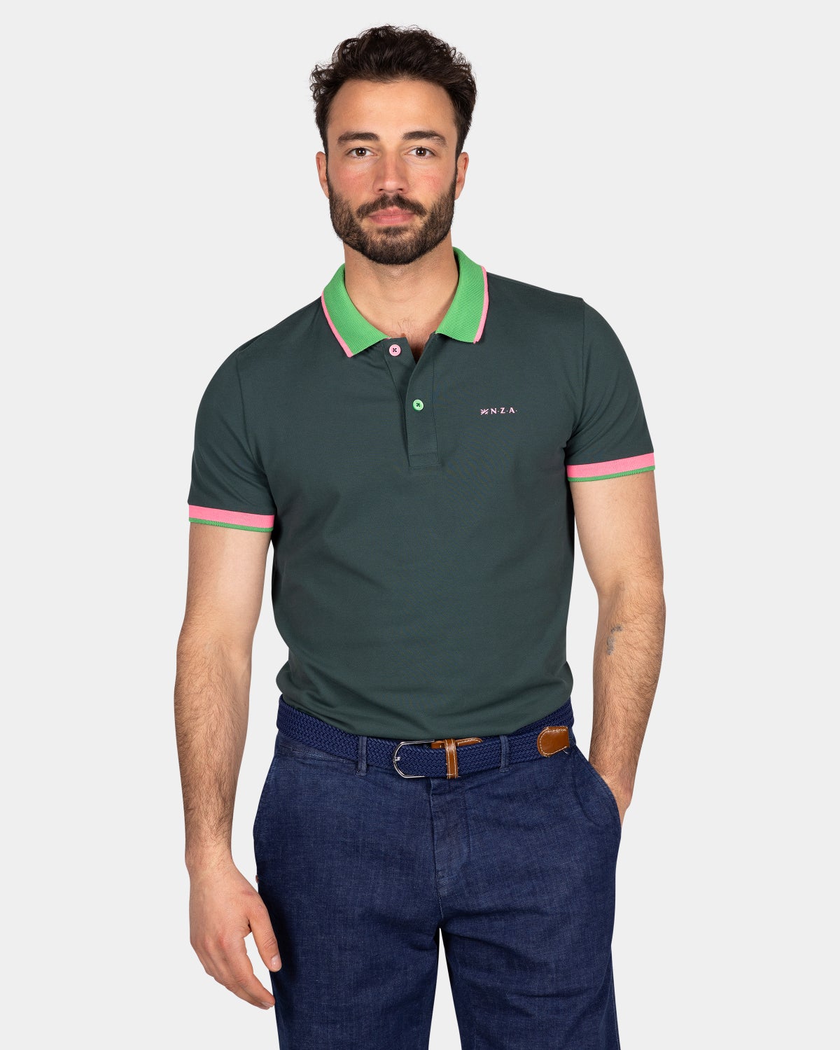 Plain poloshirt with accent colored collar - Classic Green
