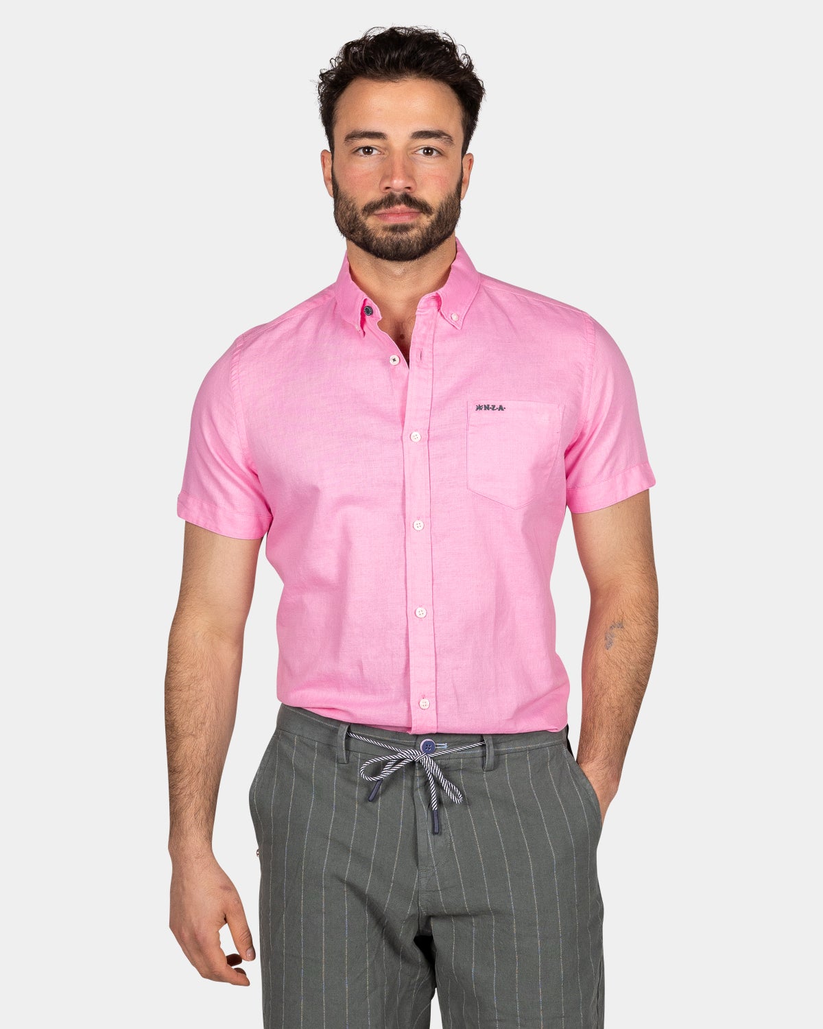 Linen shirt with short sleeves - Bright Pink
