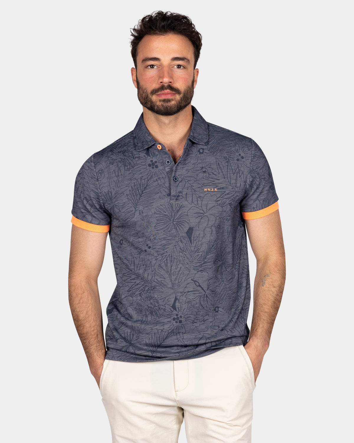 Lyocell polo with light floral print - Ocean Navy